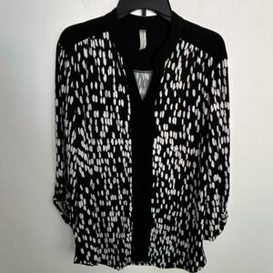 Per Seption Concept Black White Geometric Knit V-Neck Blouse XL Polyester Spand…
